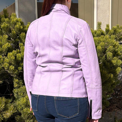 Women's Classic Sheep Leather Jacket. Standing Collar with Studs, 4 Zippered Pockets & Shoulder Accent Stitching