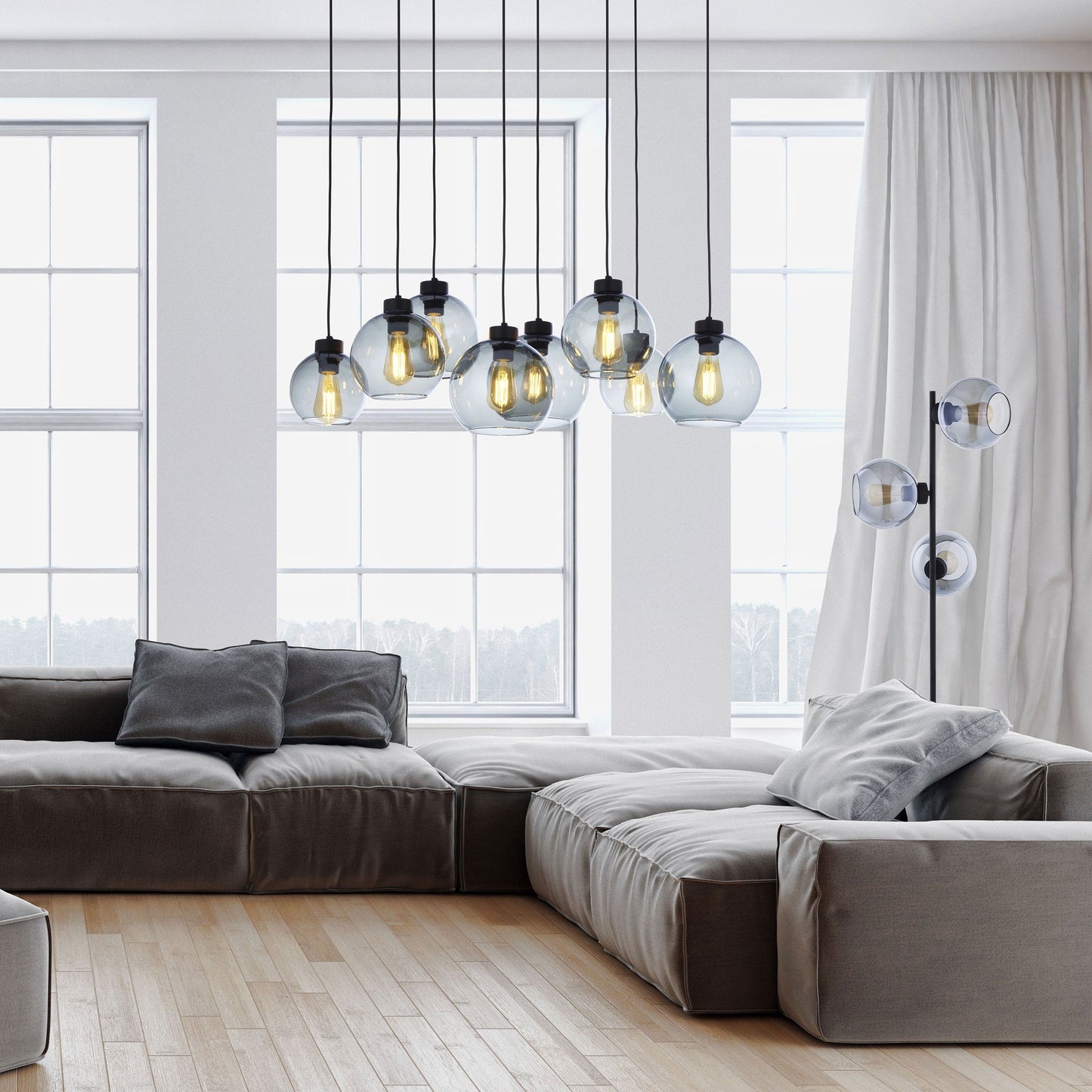 CUBUS Graphite Glass Scandinavian Pendant Light Fixture for Kitchen Island, Dining Room & Living Room (8-Light) - AURABAGS SHOP
