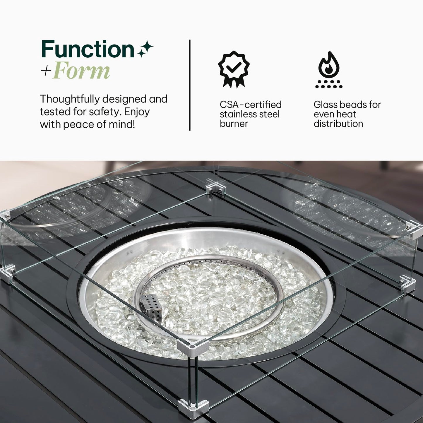 Propane FirePit Table: 50,000 BTU Aluminum Slat Top with Lid, Stainless Steel Burner, Windguard, 8KG Glass Beads, 300D PVC Cover, CSA-Listed - AURABAGS SHOP