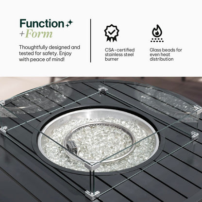 Propane FirePit Table: 50,000 BTU Aluminum Slat Top with Lid, Stainless Steel Burner, Windguard, 8KG Glass Beads, 300D PVC Cover, CSA-Listed - AURABAGS SHOP
