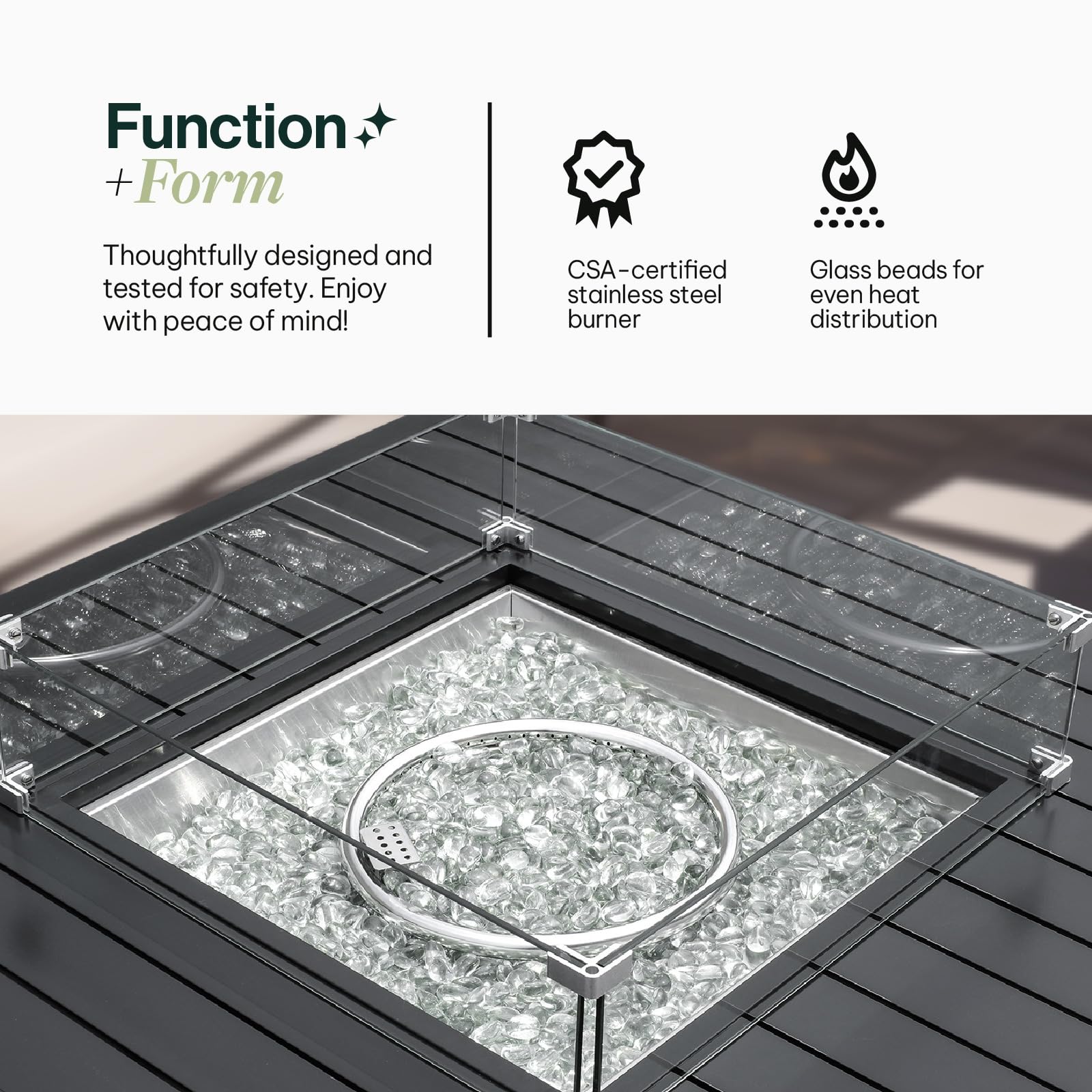 Propane FirePit Table: 50,000 BTU Aluminum Slat Top with Lid, Stainless Steel Burner, Windguard, 8KG Glass Beads, 300D PVC Cover, CSA-Listed - AURABAGS SHOP
