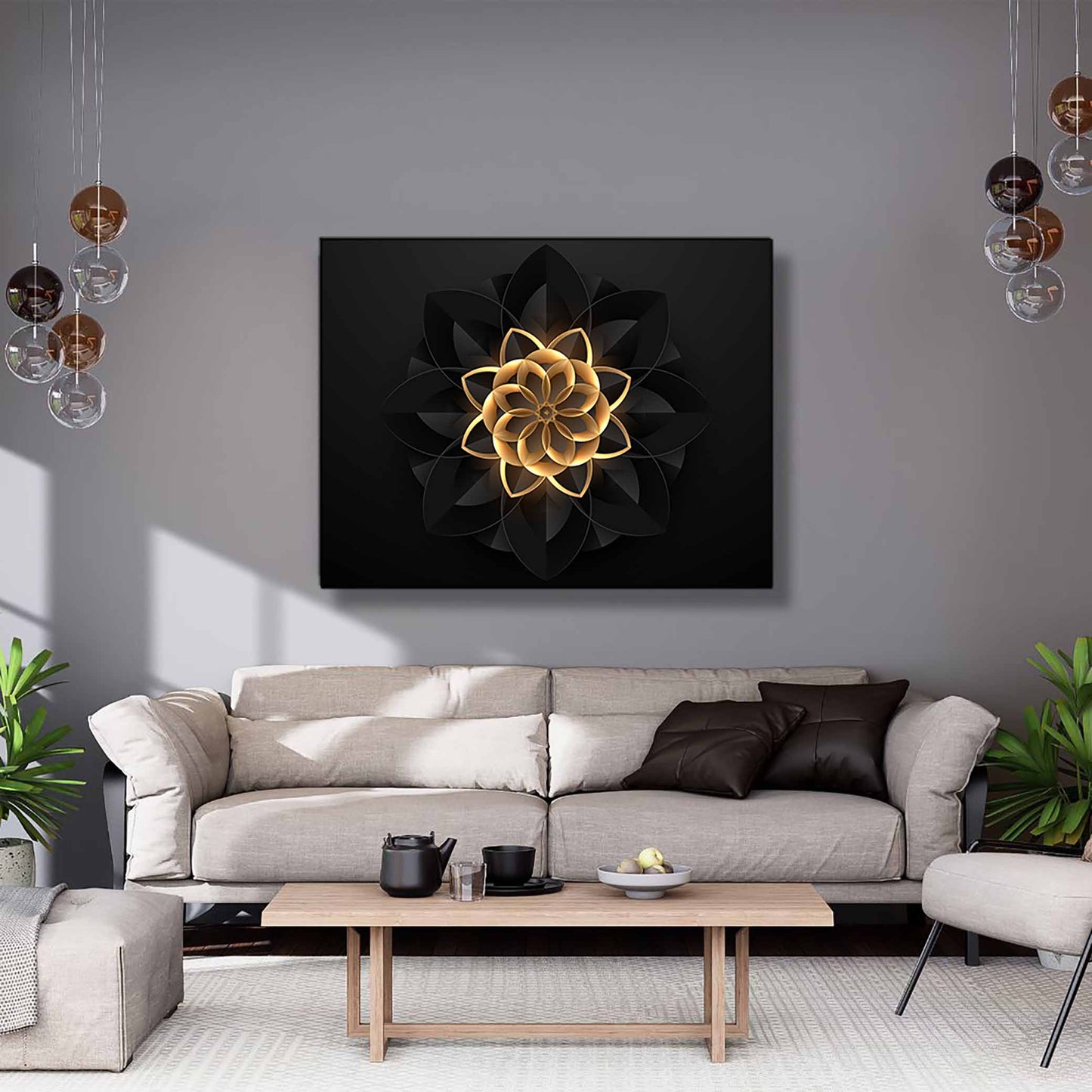 Wandbild Abstrakte Blume in Schwarz und Gold – Edle und moderne Wandkunst – Goldlack
