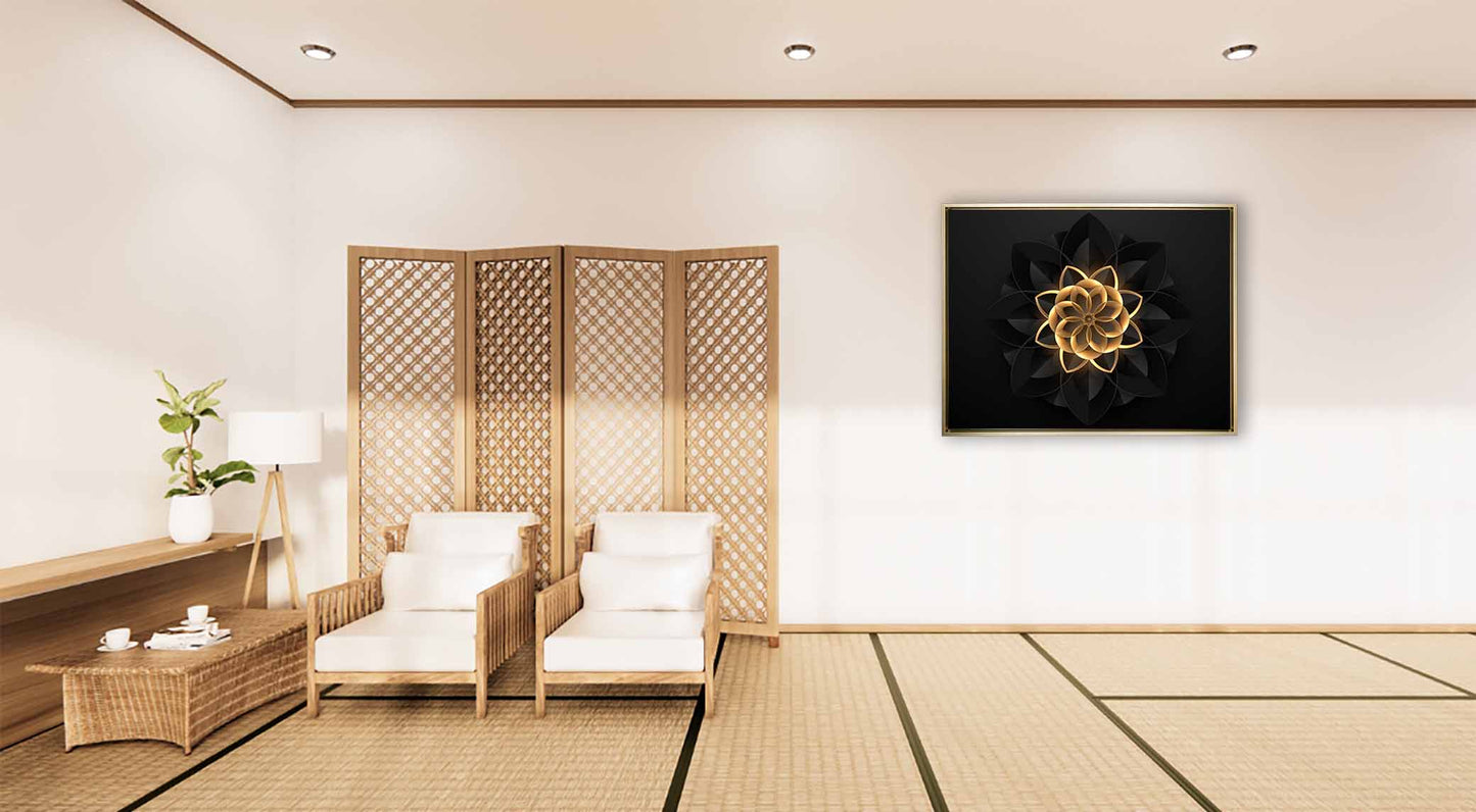 Wandbild Abstrakte Blume in Schwarz und Gold – Edle und moderne Wandkunst – Goldlack