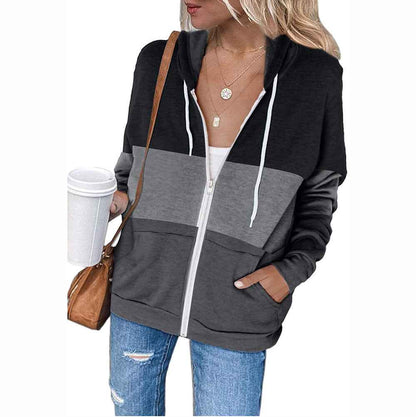Women's Color-Contrast Hooded Zipper Cardigan Jacket