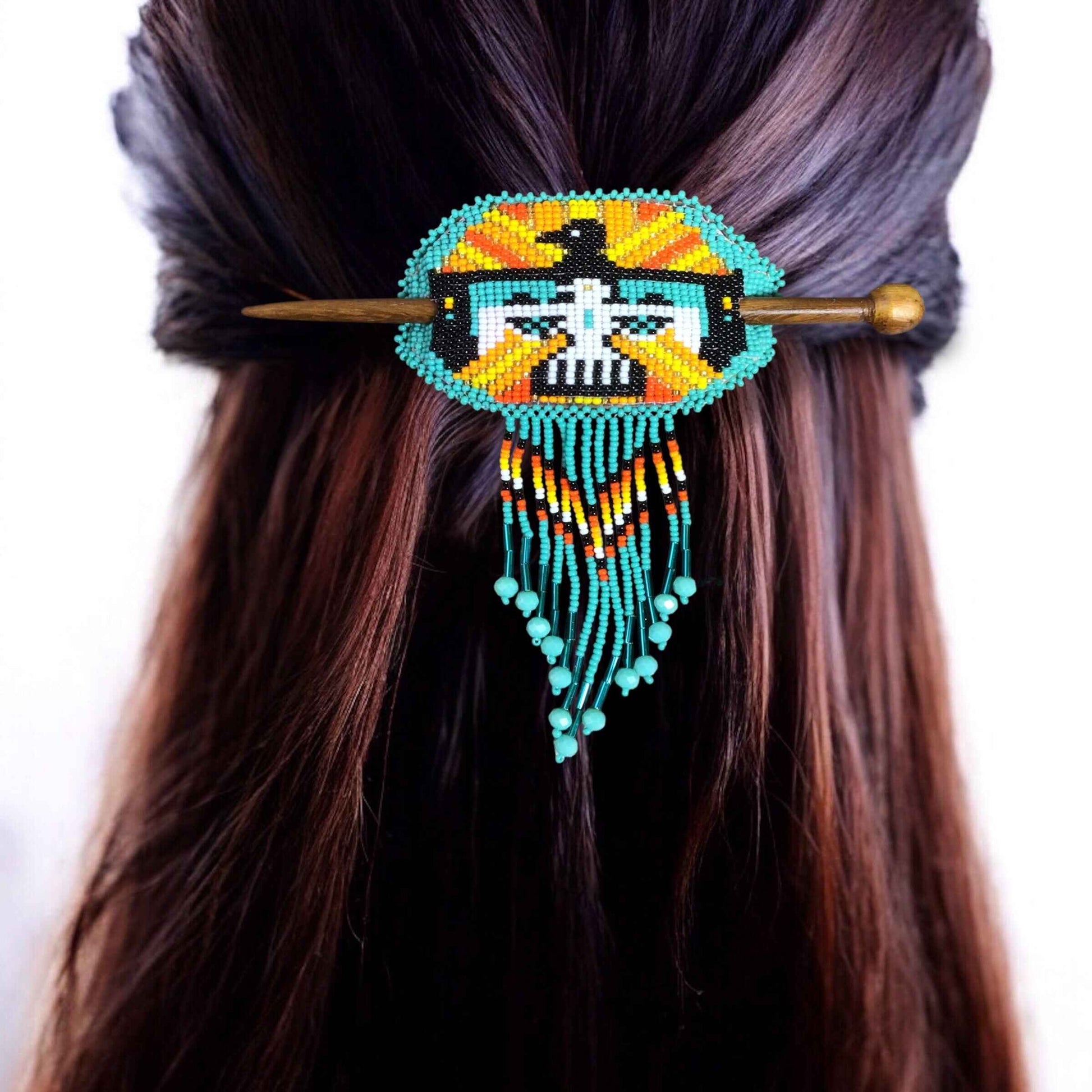 Eagle Fringed Beaded Barrette & Wooden Stick