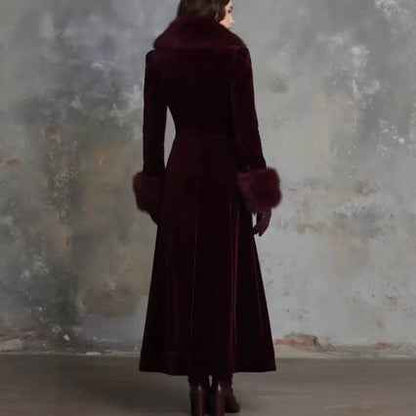 Women’s Retro Fur-Trimmed Waist-Cinching Coat – Solid Color Single-Breasted Winter Jacket