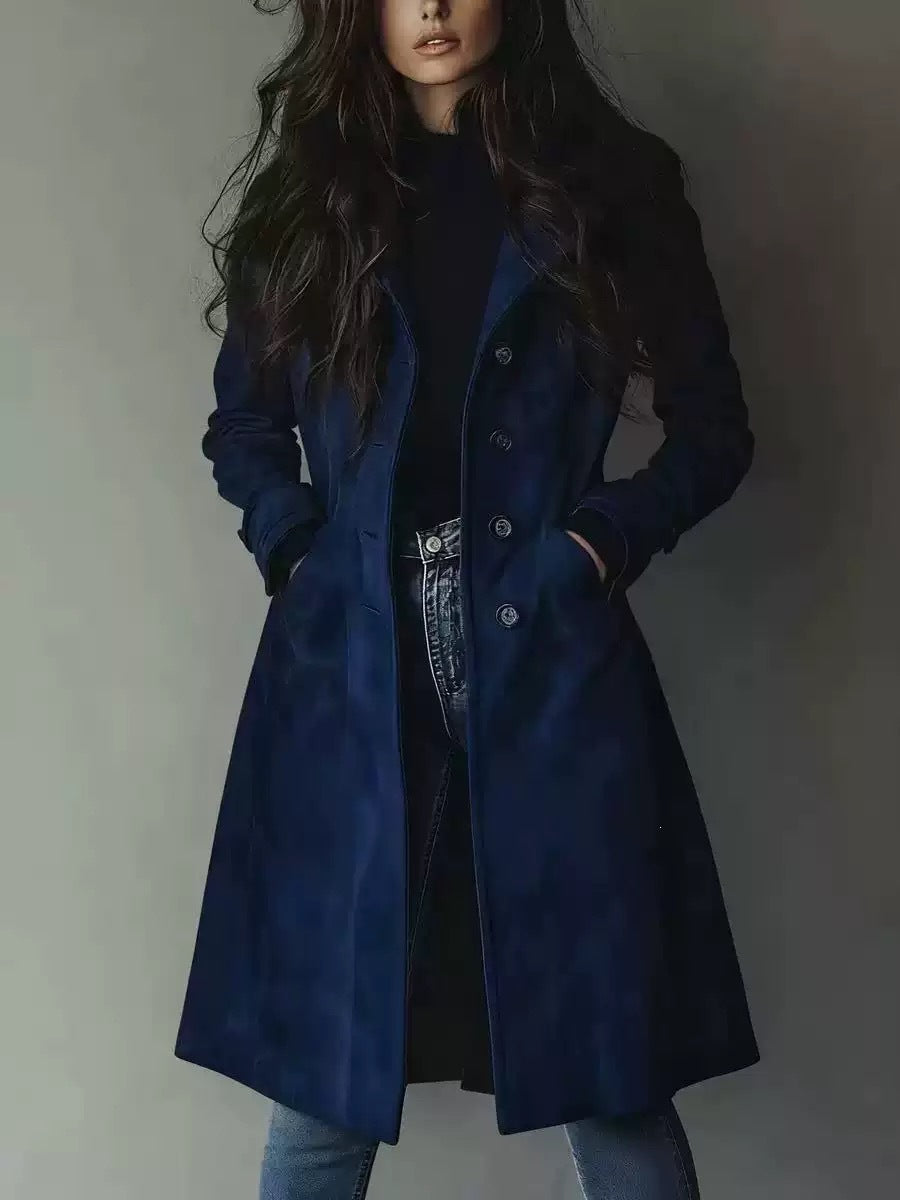 Women’s Suede Lapel Trench Coat – Mid-Length Fall & Winter Belted Jacket