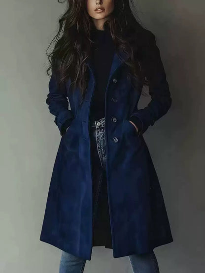 Women’s Suede Lapel Trench Coat – Mid-Length Fall & Winter Belted Jacket