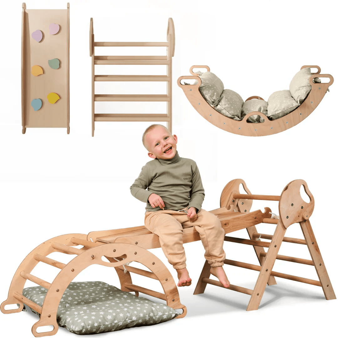4in1 Montessori Climbing Frame: Pikler Triangle + Arch + Slide Board + Cushion for Toddlers (1–3 Years)