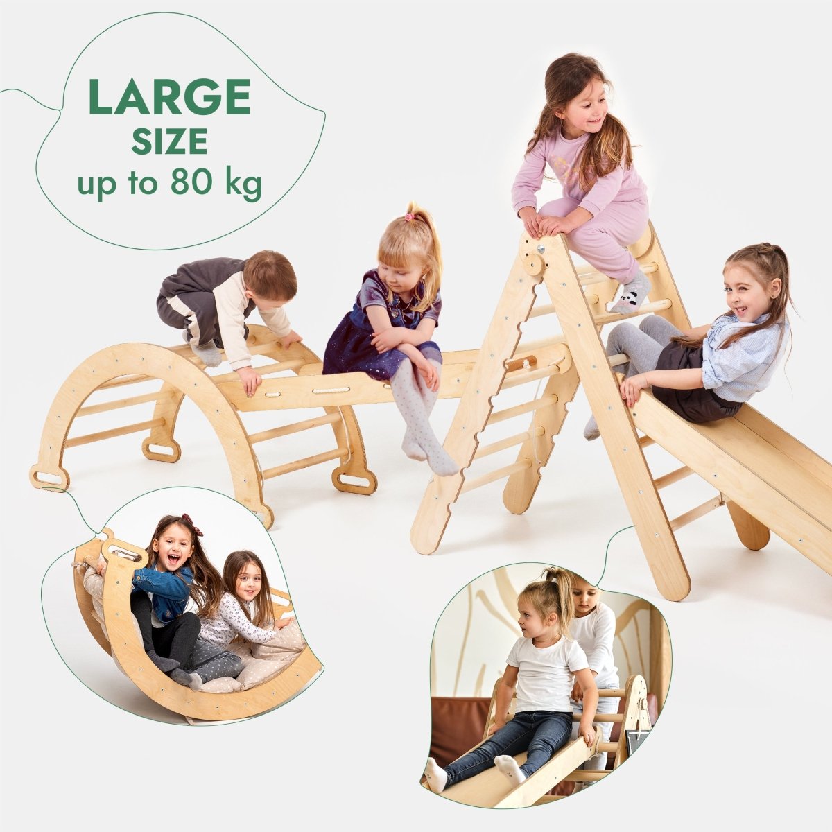 4in1 Montessori Climbing Frame Set: Triangle Ladder + Arch/Rocker + Slide Board/Ramp + Netting rope