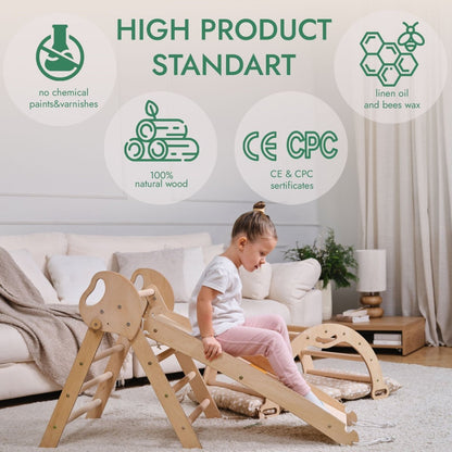 4in1 Montessori Climbing Frame: Pikler Triangle + Arch + Slide Board + Cushion for Toddlers (1–3 Years)