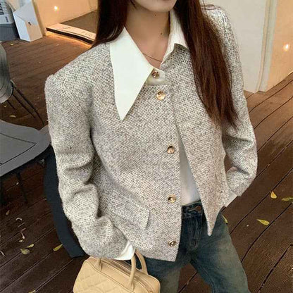 Women's Trendy Vintage Tweed Button-Up Long-Sleeve Top