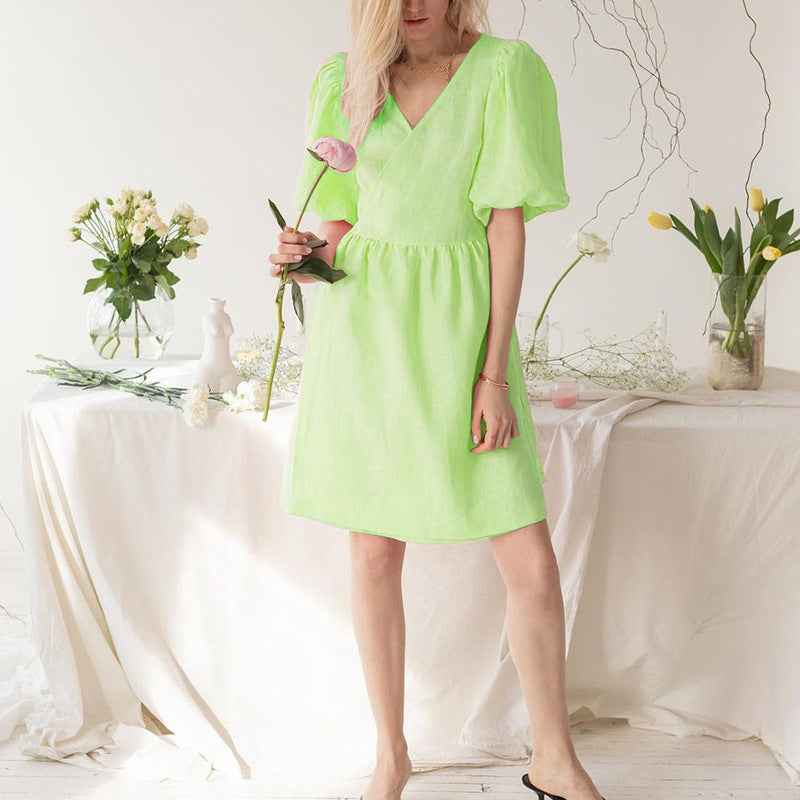 Women’s V-Neck Half-Sleeve Loose Dress – Relaxed-Fit Casual Summer Midi Dress