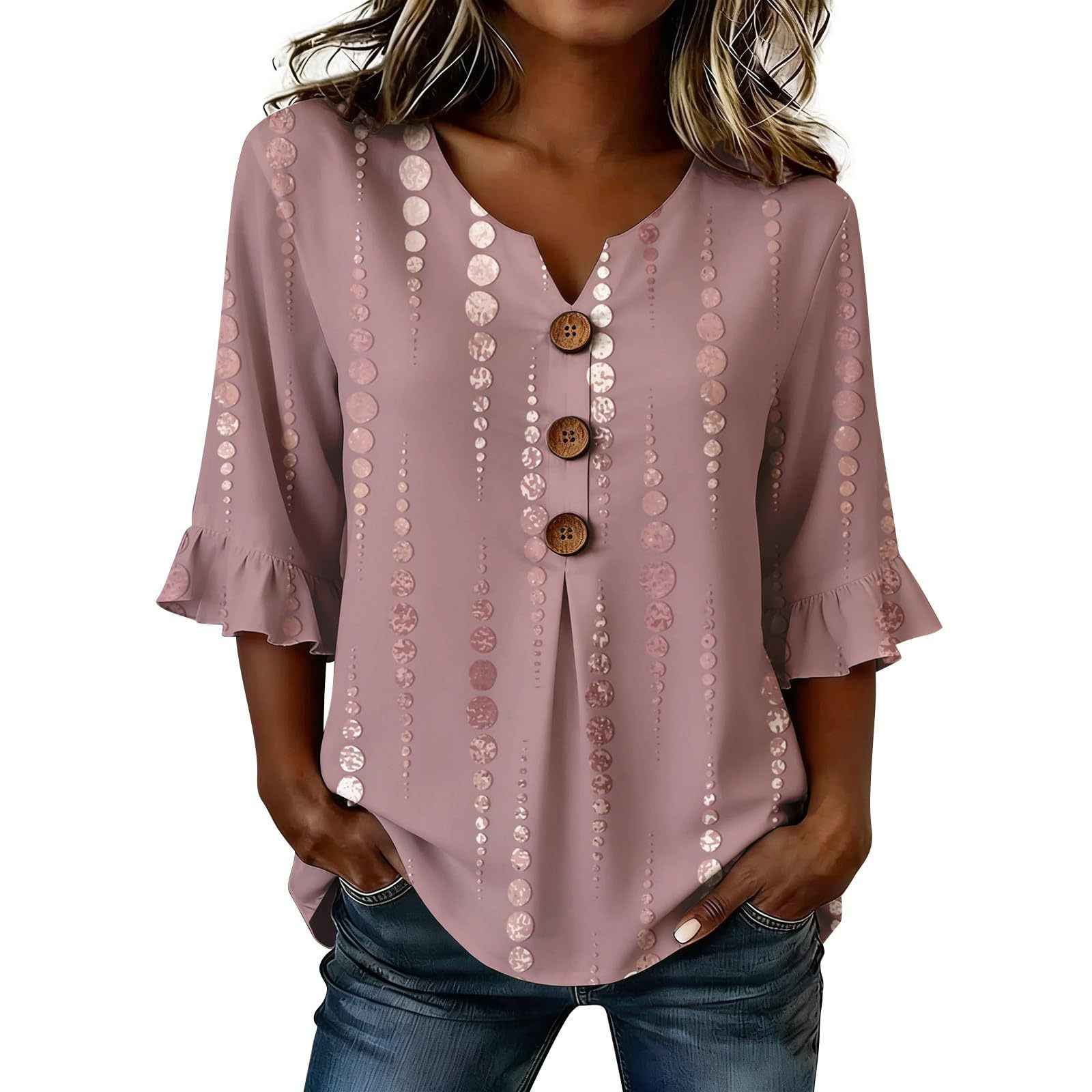 Womens Three-quarter-sleeve Buttoned Blouse With A Floral Pattern