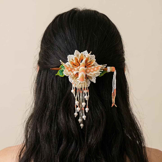 Maple Blossom Hummingbird Beaded Hair Stick Barrette White