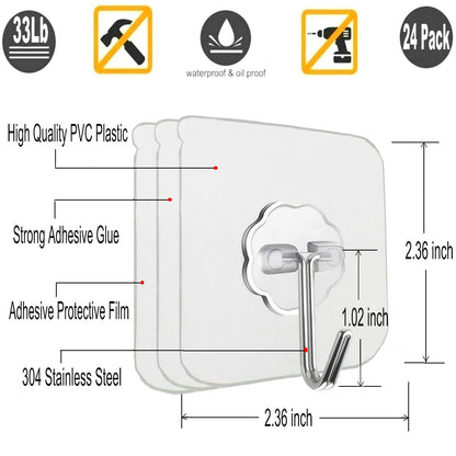 Jwxstore 24 Pack Wall Hooks for Hanging 33lb(Max) Heavy Duty Self Adhesive Hooks Transparent Waterproof Sticky Hooks for Keys Bathroom Shower Outdoor Kitchen Door Home Improvement Utility Hooks 🍁 All In One Marketplace Canada