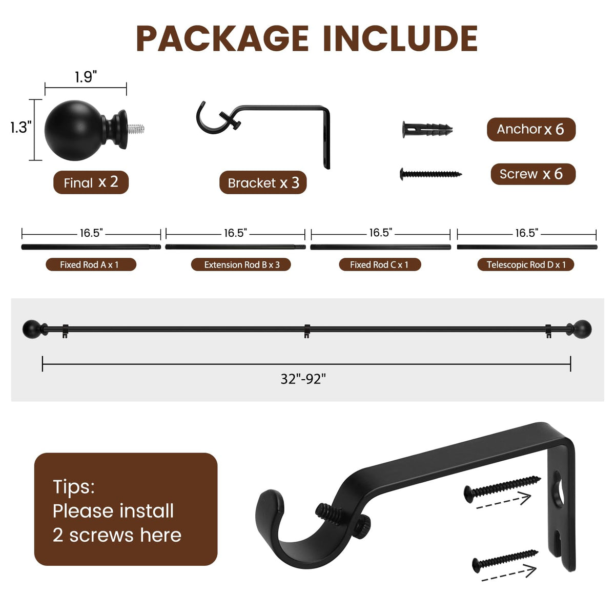 Curtain rods for Windows 48 to 84 Inch, 5/8 Inch Small Matte Black Curtain Rod Adjustable with Brackets Pole Rideau for Bedroom, Bathroom, Living room, Kitchen, Patio, Outdoor, cafe 🍁 All In One Marketplace Canada