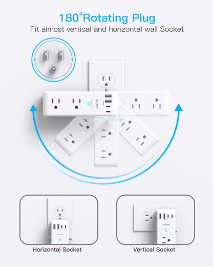 Surge Protector Outlet Extender - with Rotating Plug, 6 AC Multi Plug Outlet with 4 USB Ports (2 USB C), 1800 Joules, 3-Sided Swivel Power Bar with Spaced Splitter for Home, Office, Travel 🍁 All In One Marketplace Canada