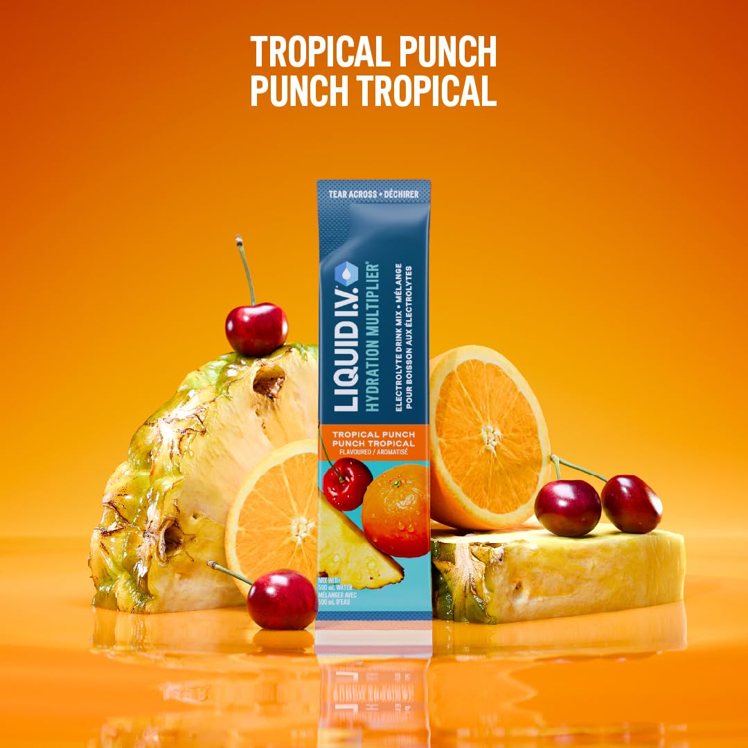 Liquid I.V. Hydration Multiplier Electrolyte Drink Mix - Enhanced Hydration Electrolyte Powder with Vitamins B3, B5, B6, B12 and C -18x On-the-go Sticks for Workout and Travel - Tropical Punch 🍁 All In One Marketplace Canada