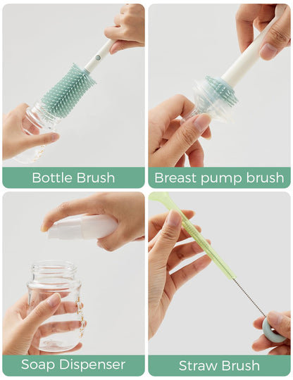 Momcozy 7 in 1 Travel Bottle Cleaning Kit - Baby Bottle Cleaner Set with Silicone Brush, Nipple Brush, Straw Brush, Soap Dispenser, Drying Rack - Home and Travel Bottle Cleaning Tools for Infants 🍁 All In One Marketplace Canada
