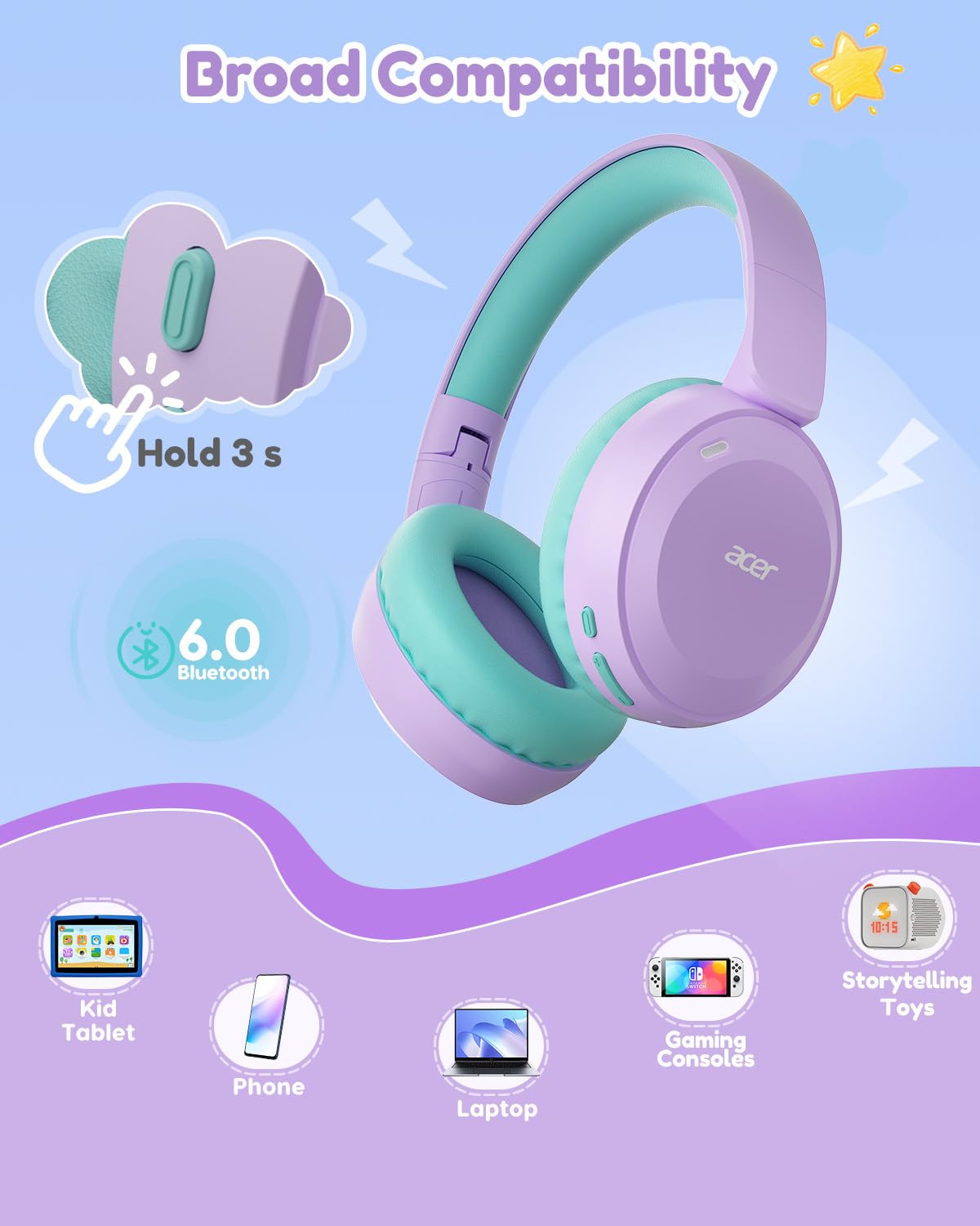 acer Kids Bluetooth Headphones, 85/94dB Volume Limiter, Foldable Wireless Over-Ear Headphones for iPad, Travel, 60H Playtime, Bluetooth 6.0, Built-in Mic, Purple Green, OHR668 🍁 All In One Marketplace Canada