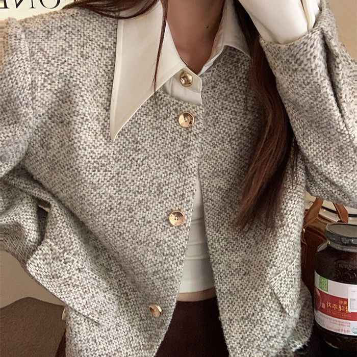 Women's Trendy Vintage Tweed Button-Up Long-Sleeve Top