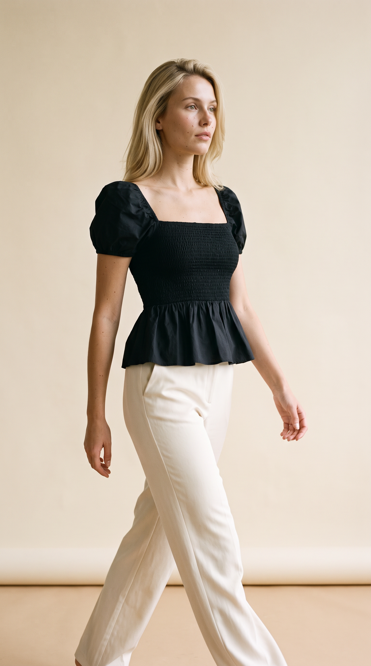 Sera – Cotton Poplin Puff Sleeve Peplum Blouse Top In Black