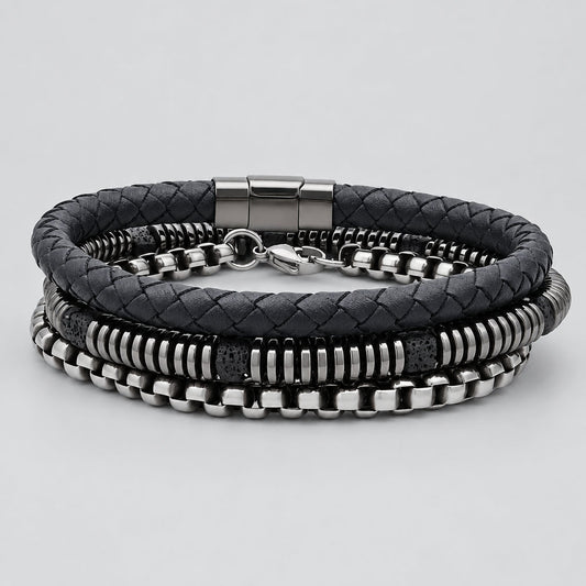 SteelTime Men's Black Leather and Stainless Steel Bracelets with Haematite and Lava Stone