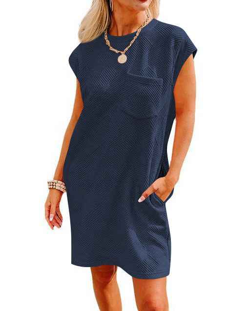 Summer Round-Neck Short-Sleeve Dress with Pockets – Casual Loose A-Line Sports Dress for Women