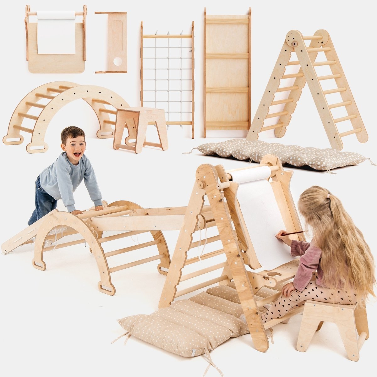 6in1 Montessori Climbing Frame Set: Triangle Ladder + Arch/Rocker + Slide/Ramp + Net + Cushion + Art Addition
