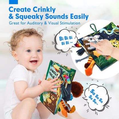 hahaland Baby Book Toy 0 3 6 12 Months - Touch and Feel First Crinkle Cloth Soft Book for Babies 0 Months, Baby Boy Girl Gifts for Newborn Infant - Jungly Tails Theme 🍁 All In One Marketplace Canada