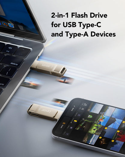 Lexar D40E 256GB Dual USB 3.2 Gen 1 Type-C Jump Drive, USB-C Flash Metal Housing Swivel Design Thumb Drive (Champagne Silver) 🍁 All In One Marketplace Canada