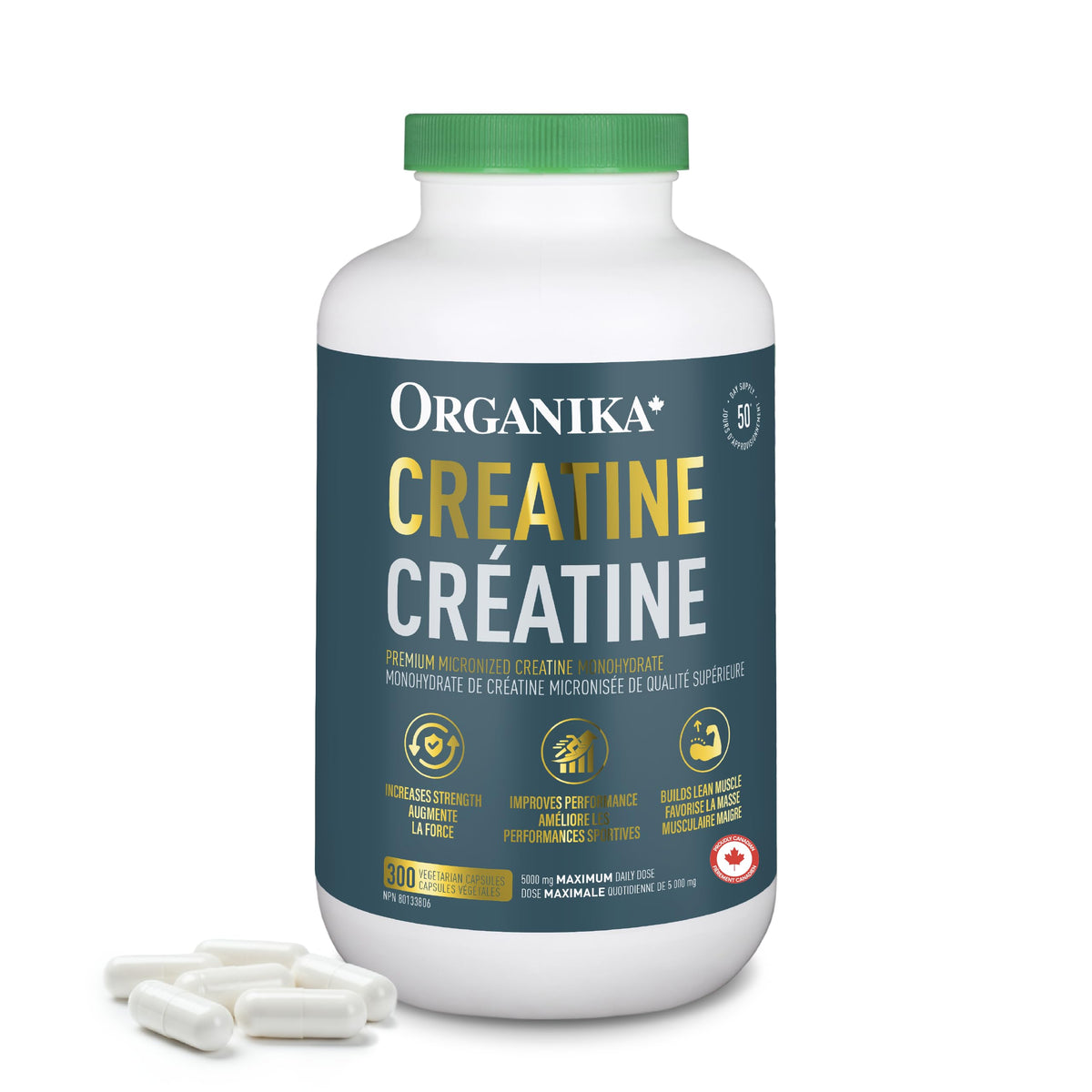 Organika Canadian-Made Creatine Capsules- Pure Micronized Creatine Monohydrate - Helps Build Lean Muscle, Increase Strength, and Improved Recovery and Performance for Men and Women- 300vcaps 🍁 All In One Marketplace Canada