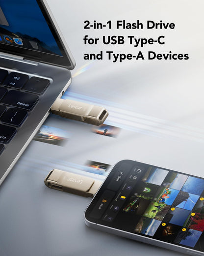 Lexar D40E 64GB Dual USB 3.2 Gen 1 Type-C Jump Drive, USB-C Flash Metal Housing Swivel Design Thumb Drive (Champagne Silver) 🍁 All In One Marketplace Canada