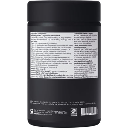 Sports Research® Vitamin D3 1,000 IU with Coconut Oil - Vitamin D for Strong Bones, Teeth, and Maintenance of Good Health - Non-GMO, Gluten & Soy Free - 360 Liquid Softgels 🍁 All In One Marketplace Canada