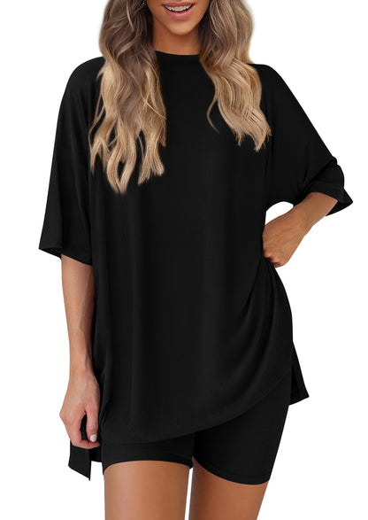 PRETTYGARDEN Women's Two Piece Lounge Set 2026 Summer Casual Oversized Shirts Biker Shorts Matching Airport Travel Outfit (Black,X-Large) 🍁 All In One Marketplace Canada