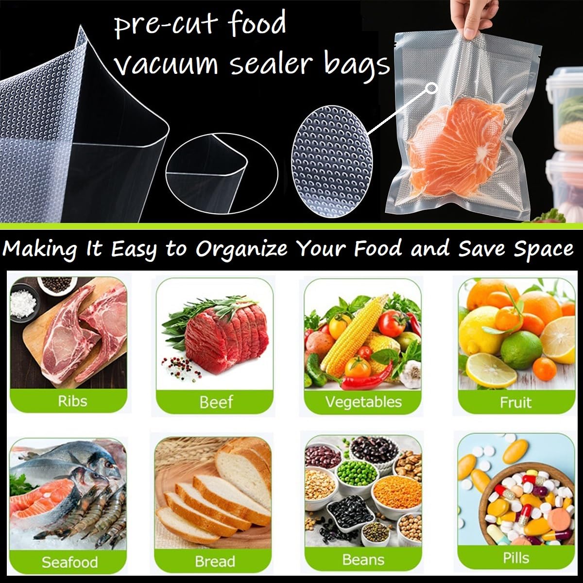 YILUFA1688 Vacuum Sealer Bags 300 Count, Pre-Cut Mixed Sizes (8"x12", 7"x10", 6"x8"), Commercial Grade Heavy Duty BPA-Free Bags, Freezer Safe, Sous Vide & Compatible with All Vacuum Sealers 🍁 All In One Marketplace Canada