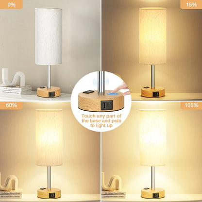Fenmzee Bedside Table Lamp for Bedroom - 3 Way Dimmable Touch Lamp USB C Charging Ports and AC Outlet, Small Lamp Wood Base Round Flaxen Fabric Shade for Living Room, Desk, LED Bulb Included 🍁 All In One Marketplace Canada