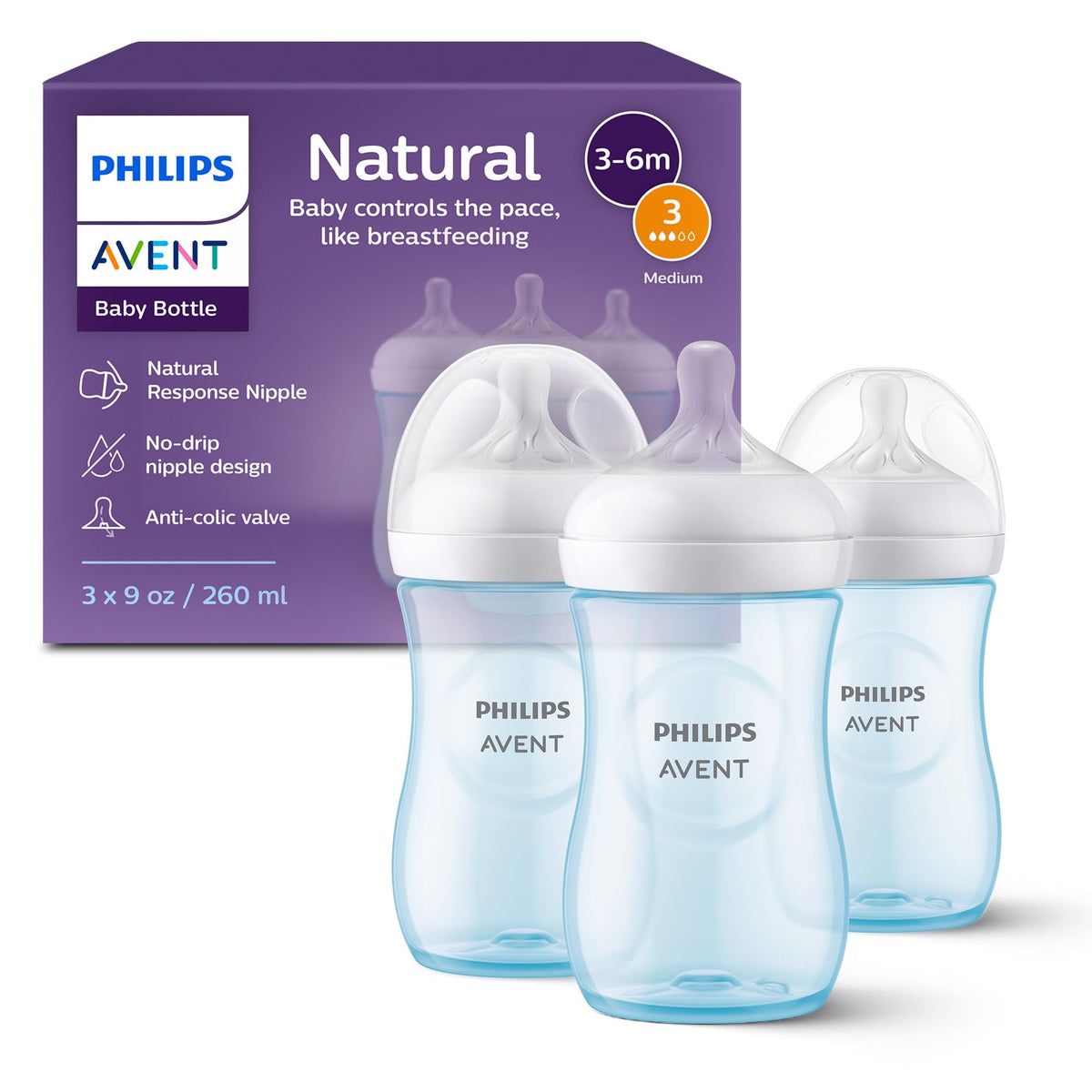 Philips Avent Natural Baby Bottles with Natural Response Nipples (Medium Flow, Flow 3), 9oz, Blue, 3-pack, SCY903/23 🍁 All In One Marketplace Canada