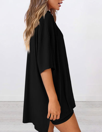 PRETTYGARDEN Women's Two Piece Lounge Set 2026 Summer Casual Oversized Shirts Biker Shorts Matching Airport Travel Outfit (Black,Large) 🍁 All In One Marketplace Canada