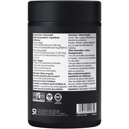 Sports Research® Vitamin D3 + K2 w/Coconut MCT Oil - Vegan Vitamin D 1000iu (25mcg) & Mk-7 Vitamin K 120mcg - Vegan Certified · Non-GMO · Soy Free - 90 Softgels 🍁 All In One Marketplace Canada