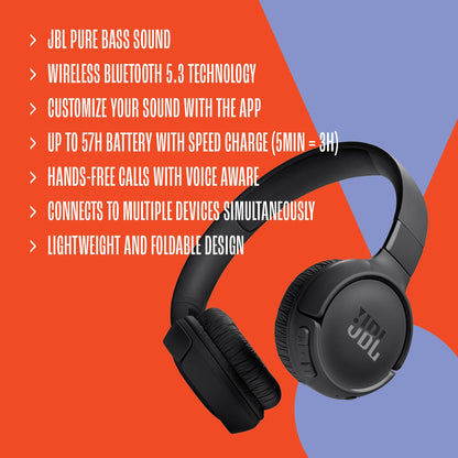 JBL Tune 520BT - Wireless On-Ear Headphones, Up to 57H Battery Life and Speed Charge, Lightweight, Comfortable and Foldable Design, Hands-Free Calls with Voice Aware (Black) 🍁 All In One Marketplace Canada