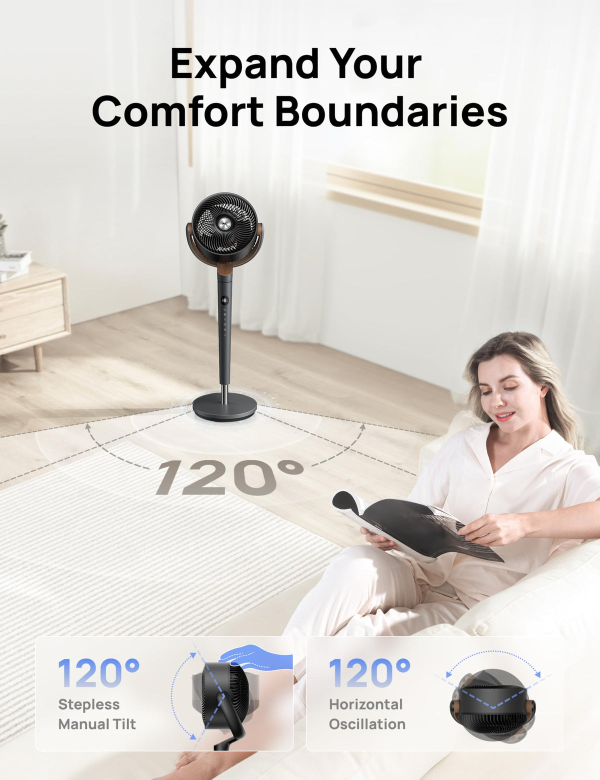 Dreo Fan for Bedroom, 120° Oscillating Standing Fans, Quiet Floor Fan with DC Motor, 100ft Pedestal Fans for Room, 9 Speeds, 4 modes, 20dB, 120° Manual Vertical, 37-42" Adjustable Height, 9H Timer 🍁 All In One Marketplace Canada