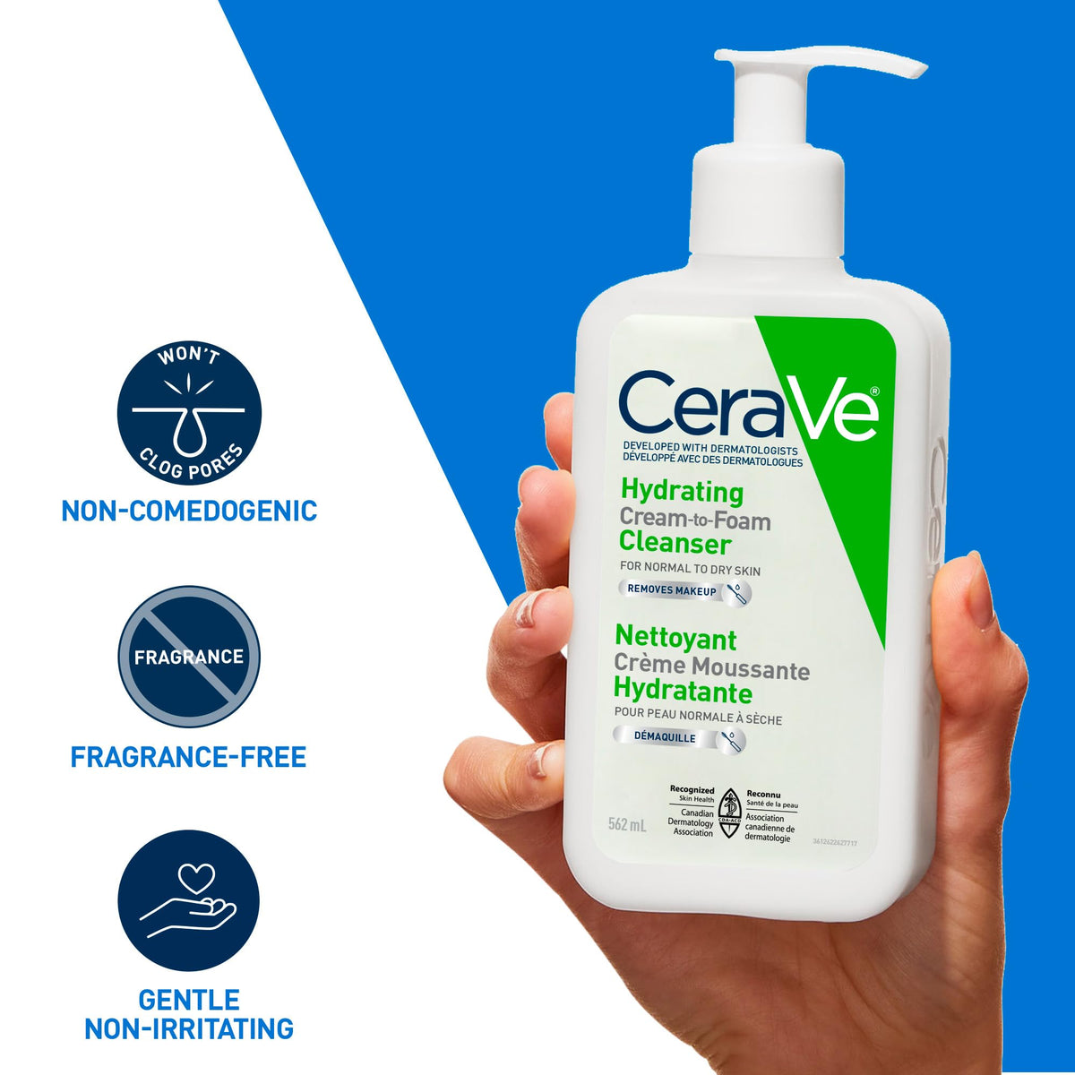 CeraVe Hydrating Cream-to-Foam Face Cleanser, One-Step Face Wash With Hyaluronic Acid & Amino Acid Complex, Gently Cleanses Skin, Non-Comedogenic, Fragrance-Free, Normal to dry skin, 562mL 🍁 All In One Marketplace Canada