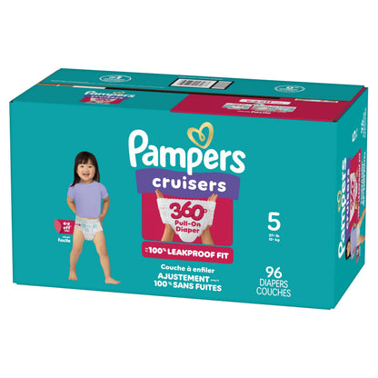 Pampers Diapers - Cruisers 360° - Size 5, up to 100% Leakproof Fit, Designed for Active Babies, Pull On Diaper, EZ Off Tabs Designed for Easy Changes, 1 Pack (Count of 96) 🍁 All In One Marketplace Canada
