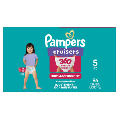 Pampers Diapers - Cruisers 360° - Size 5, up to 100% Leakproof Fit, Designed for Active Babies, Pull On Diaper, EZ Off Tabs Designed for Easy Changes, 1 Pack (Count of 96) 🍁 All In One Marketplace Canada