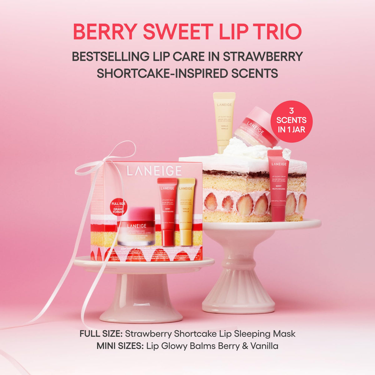 Laneige Berry Sweet Lip Trio Set | Lip Sleeping Mask Strawberry Shortcake & Mini Lip Glowy Balms in Berry & Vanilla