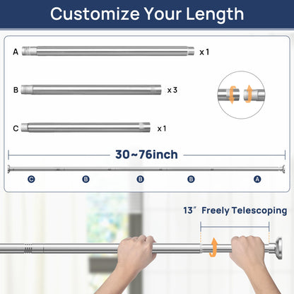 Shower Curtain Rod 30 to 76 Inches, 1 Inch Adjustable Spring Tension Stainless Steel Shower Rod No Drill for Bathroom, Closet, Window, Room Divider, Never Rust, Non Slip, Chrome 🍁 All In One Marketplace Canada