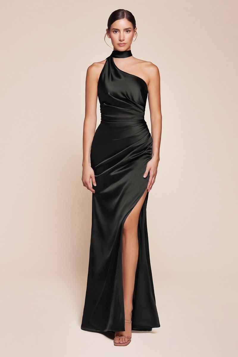 One shoulder neckline, gathered waistline & leg slit