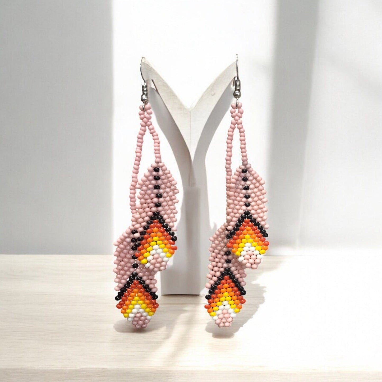 OldTribes™ lights pink Beaded Feather Earrings